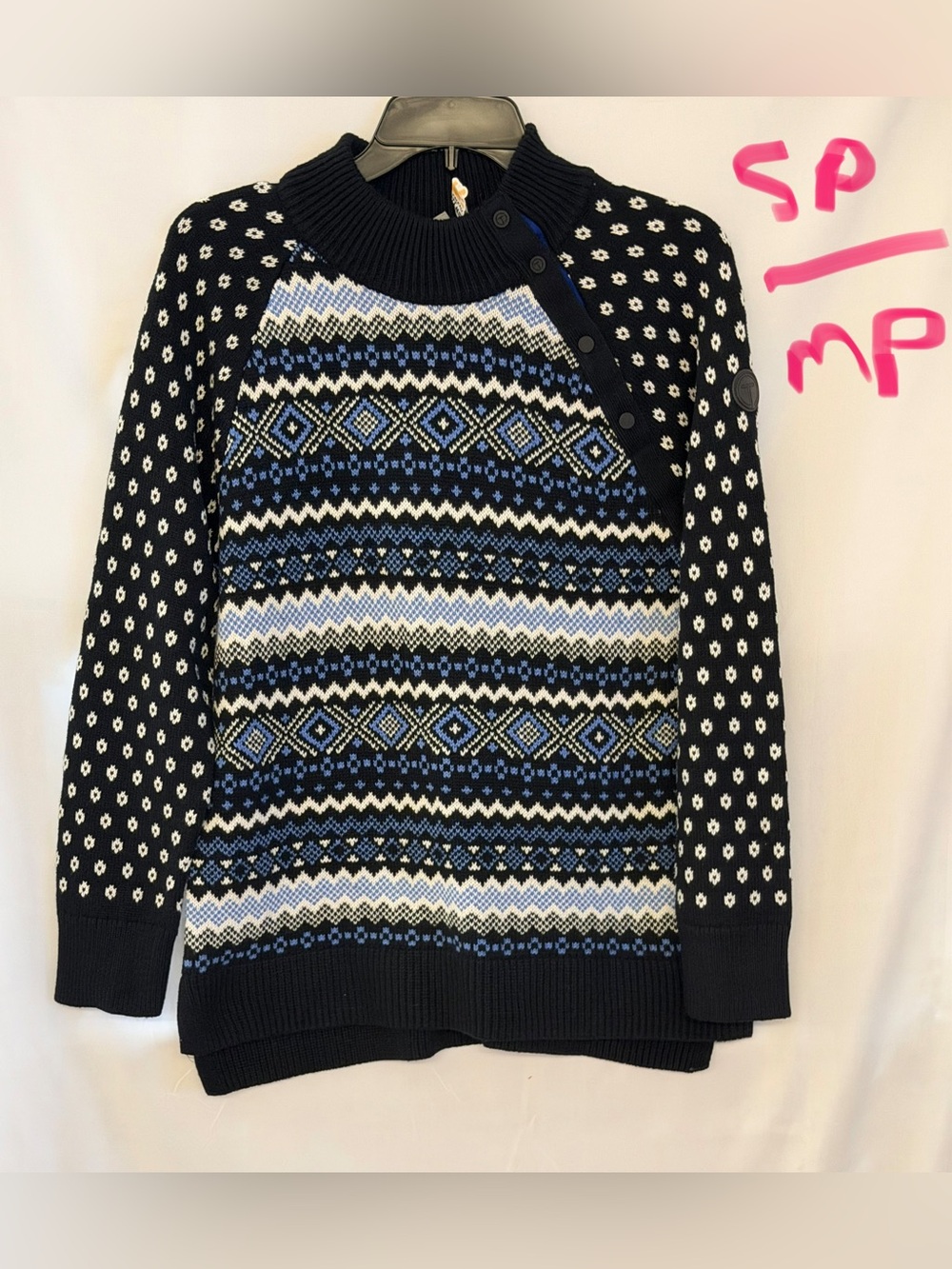 Talbots Oversized Navy, Light Blue & Cream Fair Isle Button-Shoulder Sweater